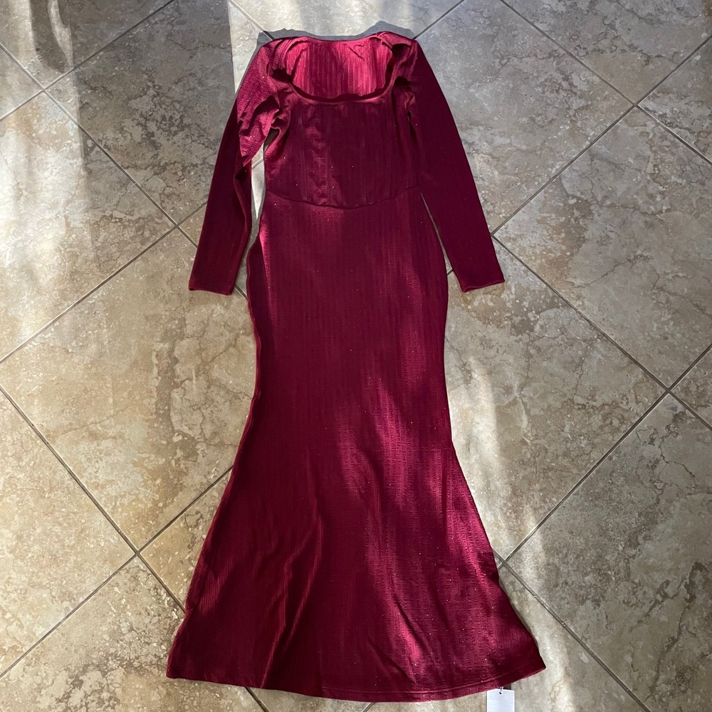 EYWOL Burgundy Ribbed Shimmer Long Sleeve Maxi Dress Romantic Evening Gown NEW